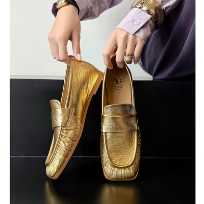 褶皱乐福鞋方头小皮鞋简约单鞋