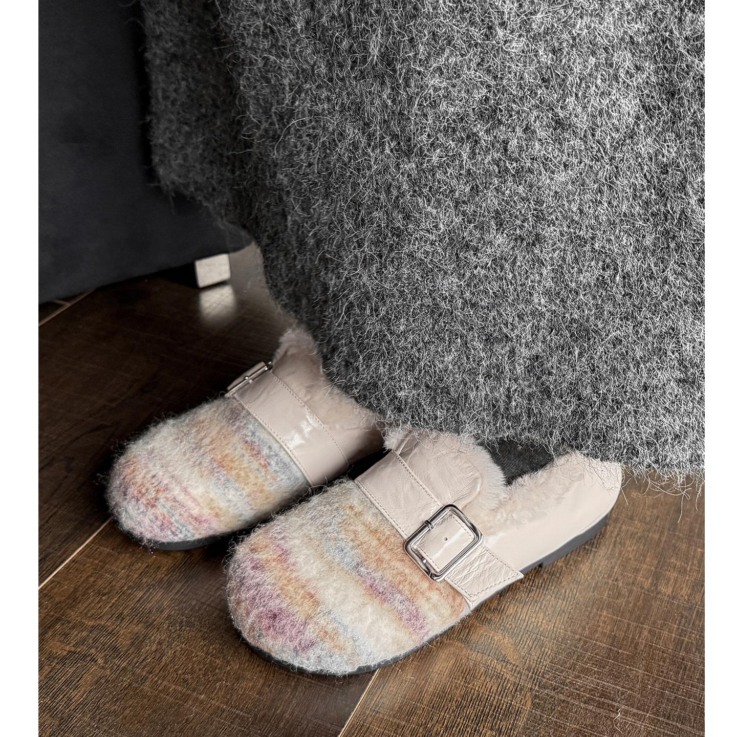 加绒拼色毛毛鞋乐福鞋平底单鞋