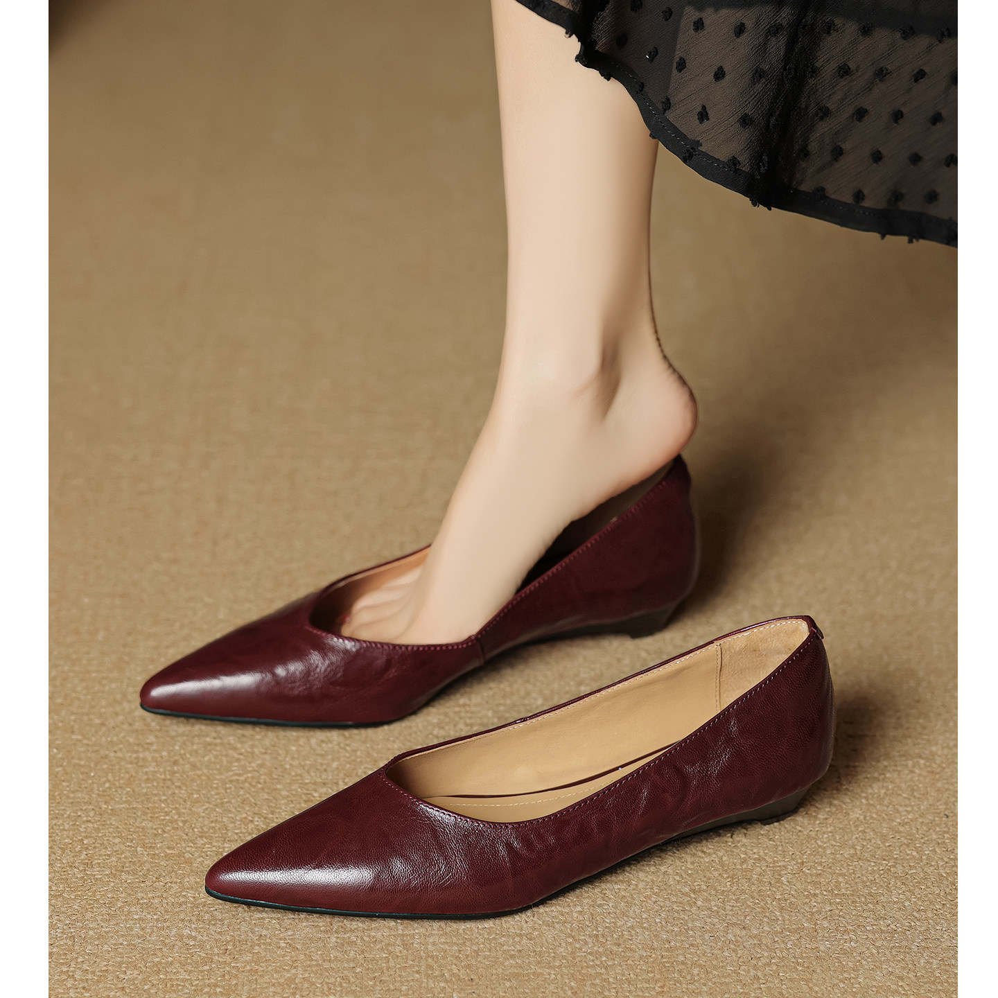 Kmeizu升级版~3cm猫跟单鞋女夏显瘦法式真皮尖头商务静音平底瓢鞋,女鞋,浅口单鞋,淘宝优惠券,粉丝福利购,淘宝优惠卷
