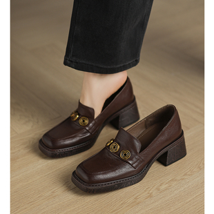 Kmeizu不累脚 5.5cm粗跟乐福鞋 女潮金属扣小皮鞋 厚底真皮中跟单鞋