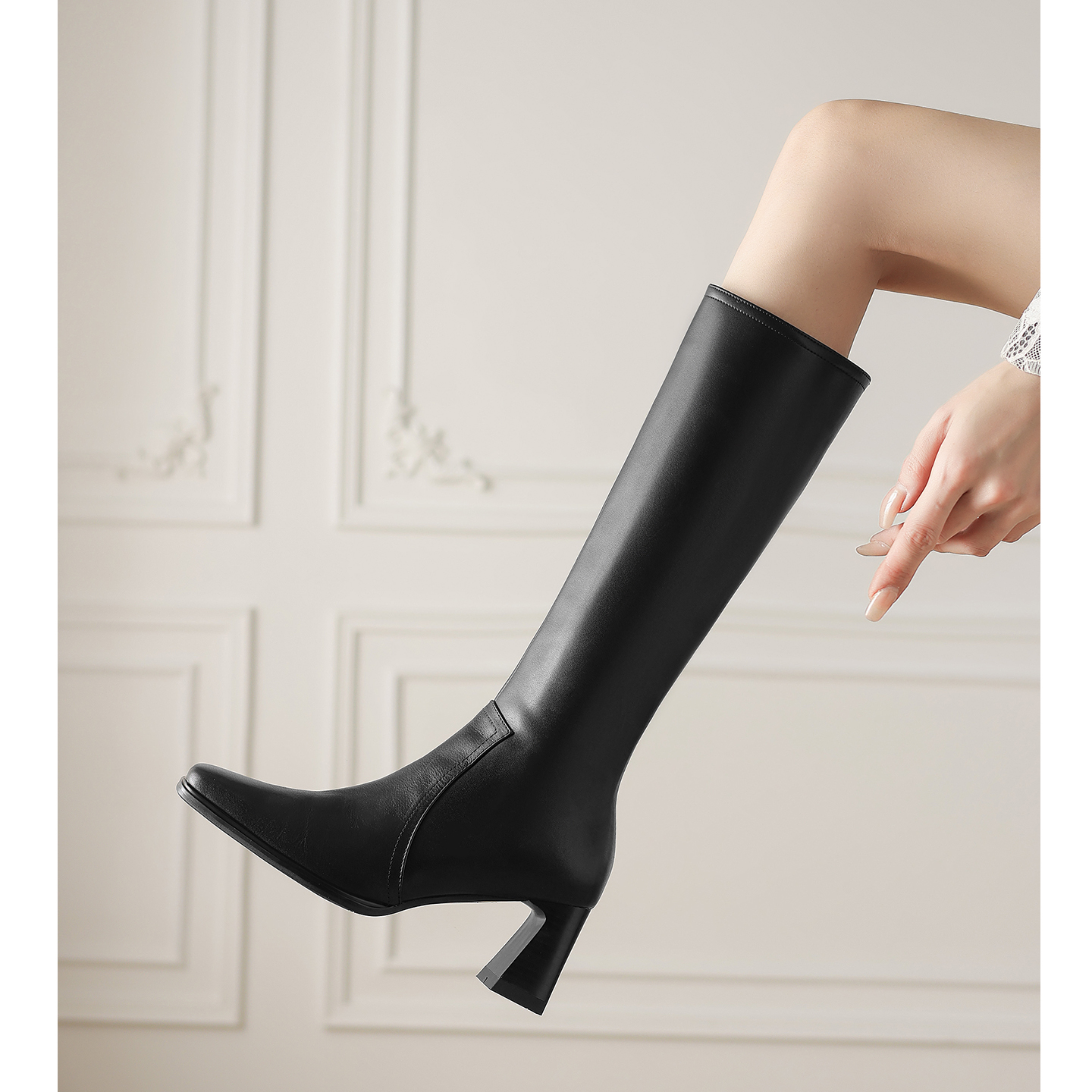 简约方头高筒靴真皮显瘦骑士靴