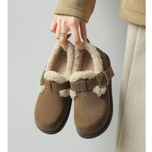 Kmeizu不累脚~3.5cm厚底乐福鞋女秋冬加绒毛毛小皮鞋平底勃肯鞋软