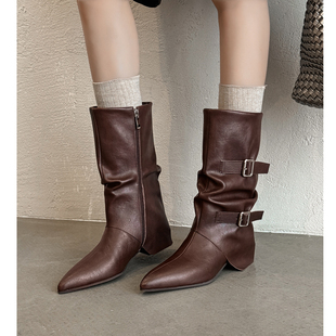 Kmeizu巨显瘦~3.5cm粗跟中筒靴女秋冬宽松西部骑士靴裤管真皮马靴