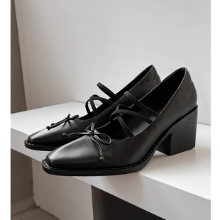 优雅 单鞋 7cm粗跟高跟鞋 羊皮文艺交叉带玛丽珍鞋 女新款 Kmeizu法式