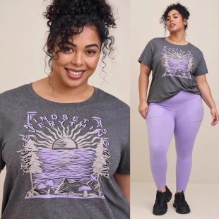 瑕疵处理欧美特大码 T恤P34 胖mm夏轻薄灰色印花运动宽松棉质短袖