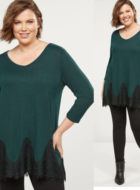 LB家130斤高个子欧美春夏女绿色七分袖蕾丝裙摆中长遮臀针织衫P25