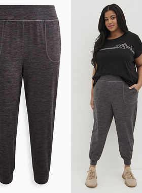 350斤 欧美单特大码女胖mm口袋高腰速干纯灰色健身运动卫长裤P75