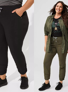 200-300-400斤加特大码女黑军绿色薄速干弹力运动高腰九分裤子Y17