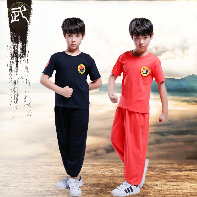 兒童武術(shù)服純棉短袖修身武道館練功服小學(xué)生表演出服體能訓(xùn)練服裝