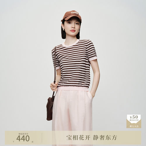 naivee26夏新款航海条纹圆领正肩针织短袖薄款显瘦减龄时髦通勤