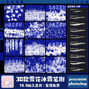 procreate笔刷ps笔刷雪花冰霜冰凌冬季冬日氛围点缀绘画辅助笔刷