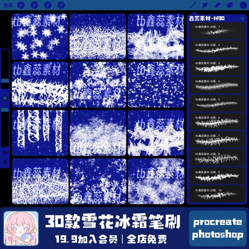 procreate笔刷ps笔刷雪花冰霜冰凌冬季冬日氛围点缀绘画辅助笔刷
