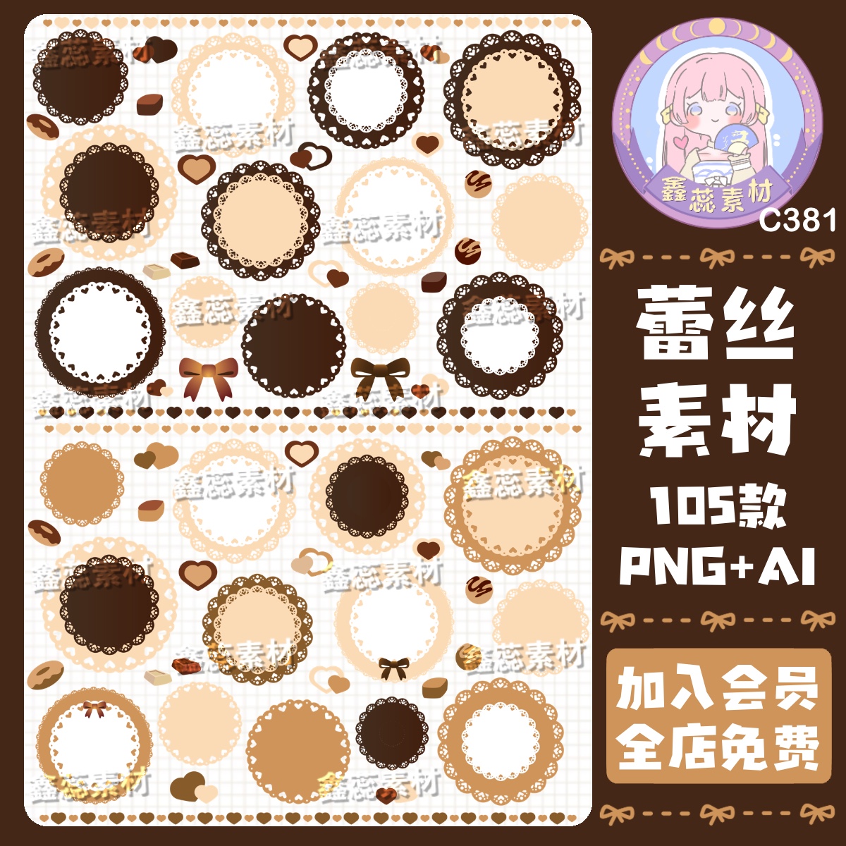 巧克力蕾丝花边圆形边框透明底电子贴纸饭圈美工AI矢量图png图片