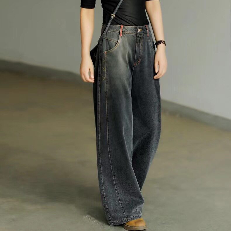 women clothes2026秋冬新款黑色直筒牛仔裤女宽松高腰拖地垂坠感