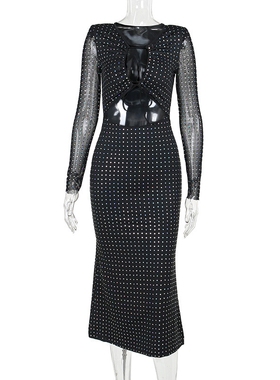 Sequin sexy dress 欧美性感镂空亮片系带长袖修身黑色长裙连衣裙