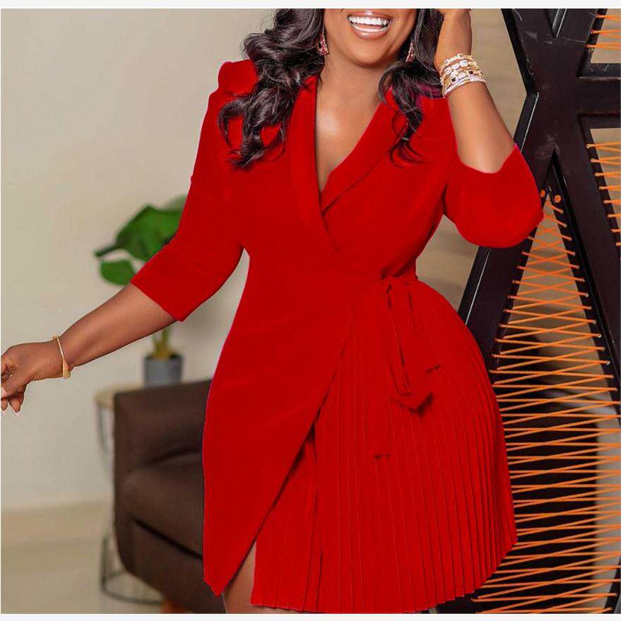 Suit Neck Pleated Dress 欧美新款西装领时尚绑带收腰压褶连衣裙