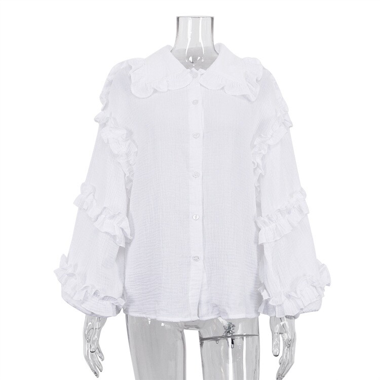 Doll collar shirt 法式新款娃娃领木耳边灯笼长袖棉质休闲衬衫女