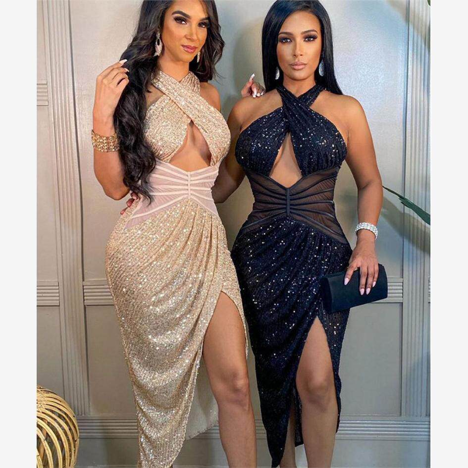 Sequined Irregular Dress欧美性感亮片高腰不规则开叉酒会连衣裙