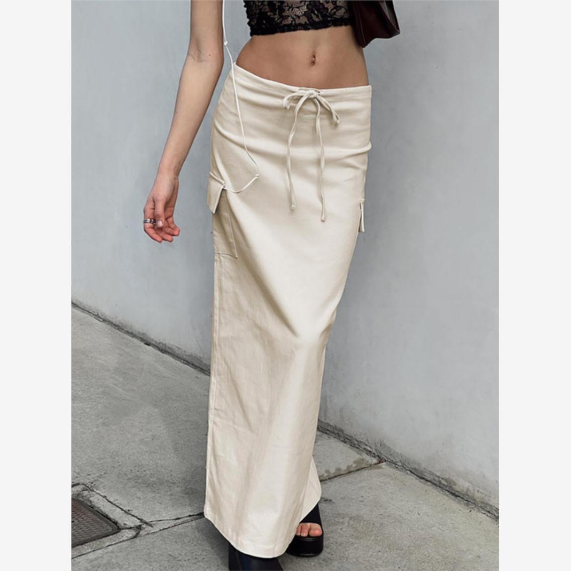 High waisted long skirt 欧美高腰直筒口袋系带修身百搭半身长裙