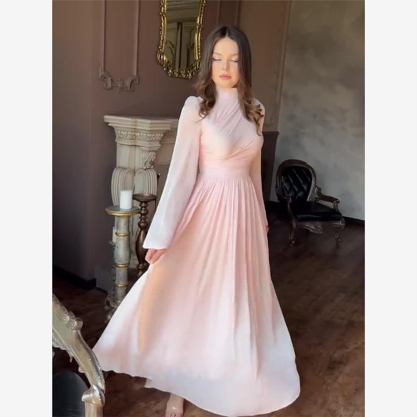 White flared sleeve dress 法式白色半高领喇叭长袖收腰连衣裙女