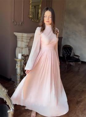 White flared sleeve dress 法式白色半高领喇叭长袖收腰连衣裙女