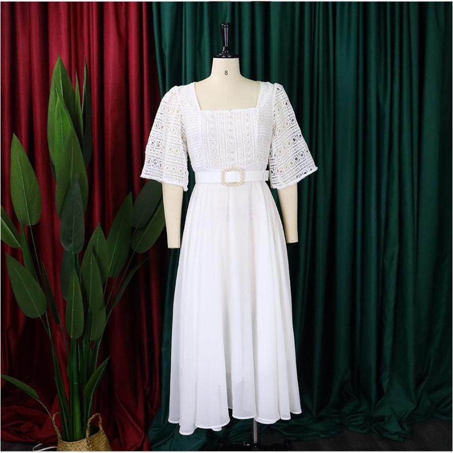 Square Neck Chiffon Beaded Dress 方领雪纺钉珠收腰白色连衣裙