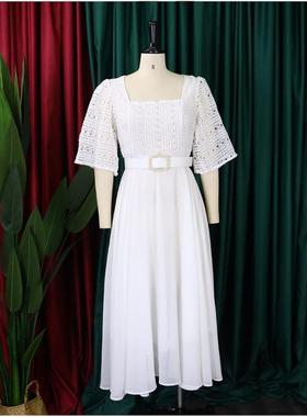 Square Neck Chiffon Beaded Dress 方领雪纺钉珠收腰白色连衣裙
