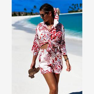 度假沙滩海边时尚七分袖POLO领单排扣印花衬衫短裤热裤两件套装女