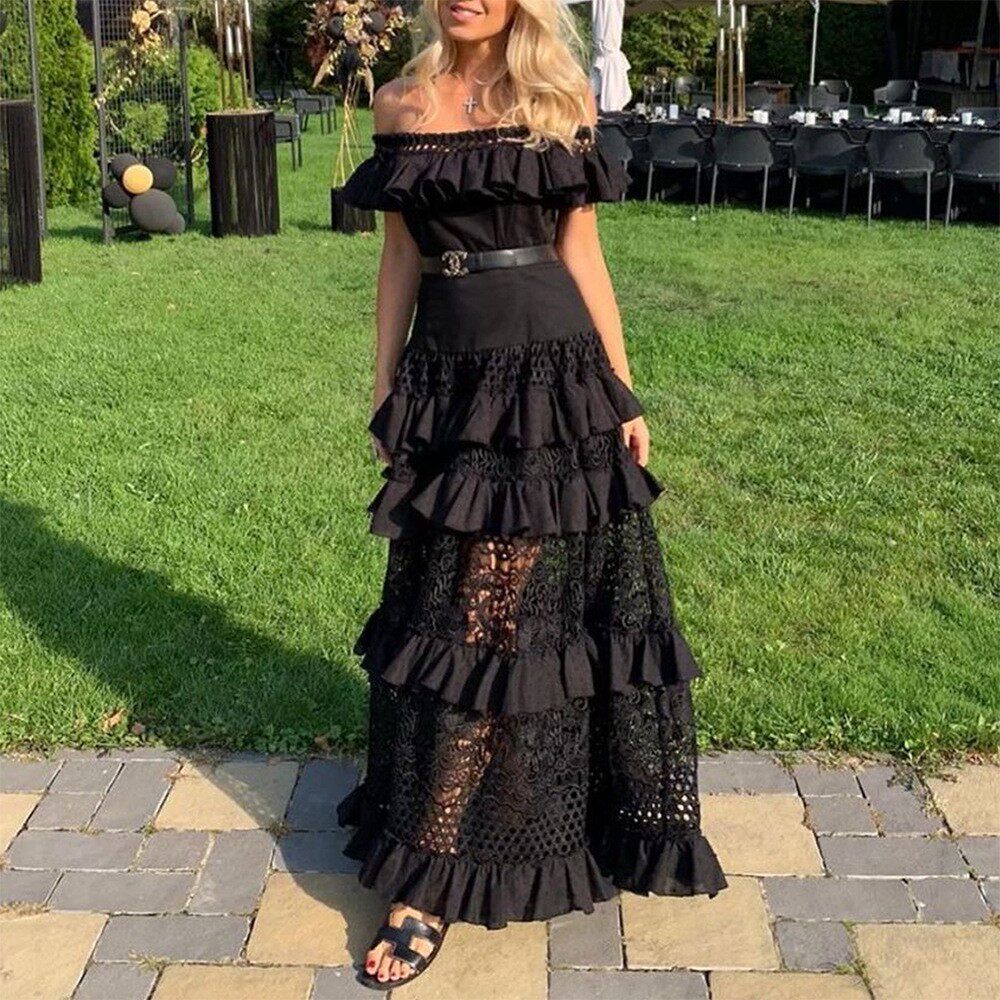 One-shoulder ruffled dress 一字领性感荷叶边蕾丝镂空大摆长裙