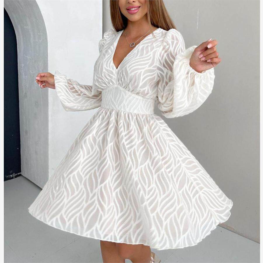 Lantern Long Sleeve Dress 欧美风白色镂空提花灯笼袖收腰连衣裙