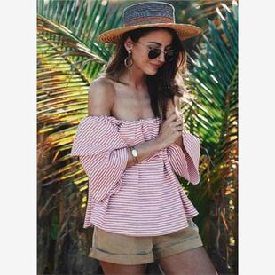 2018夏季新品女装欧洲站一字领喇叭袖红条纹短袖衬衫women shirt