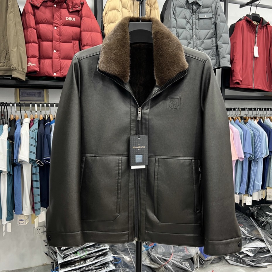 翻领PU皮衣加绒加厚皮毛保暖防风可翻领可立中年商务外套爸爸装冬