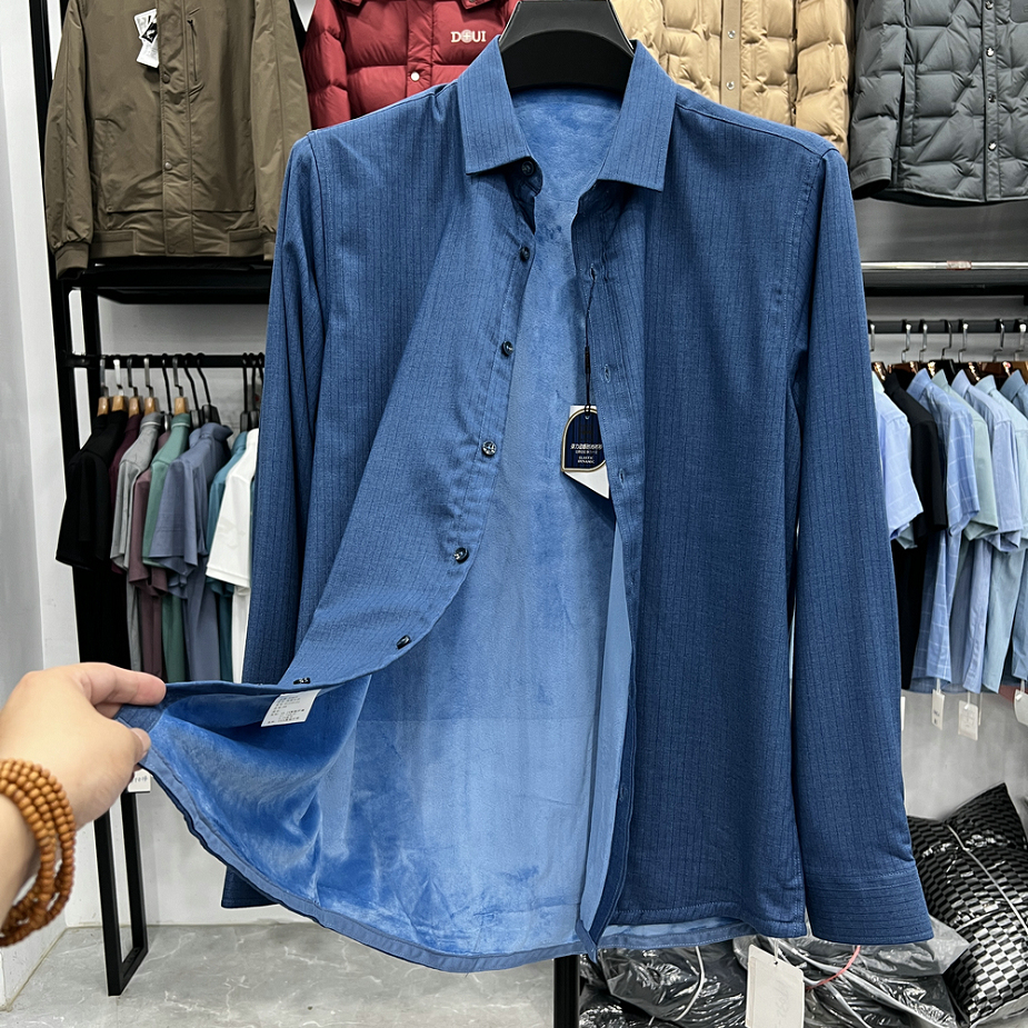 衬衫男士长袖秋冬季商务休闲简约保暖衬衣加绒加厚打底寸衫爸爸装