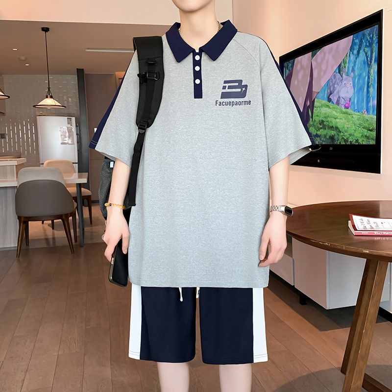 13青少年翻领短袖t恤男孩12-15岁初中学生14帅气大童宽松体恤套装