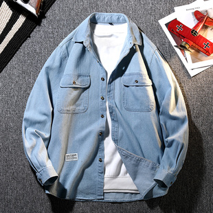 春秋季13青少年帅气薄款牛仔衬衫12岁男孩中学生14大童16衬衣外套