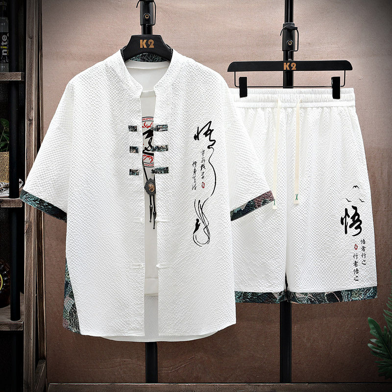 夏季青少年中国风短袖衬衫套装12男孩15岁初中学生14大童帅气衬衣