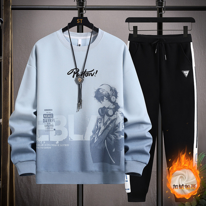 冬季初中学生潮流帅气加绒加厚卫衣14男孩15岁青少年大童长袖t恤