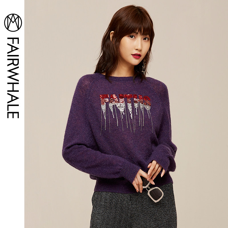 马克华菲女装2020春长袖针织套头衫圆领羊毛毛衣女短款上衣