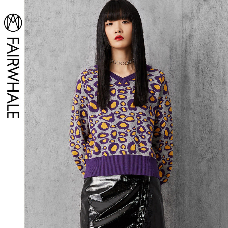 马克华菲女装2019秋新款时尚豹纹修身显瘦长袖V领休闲针织衫上衣
