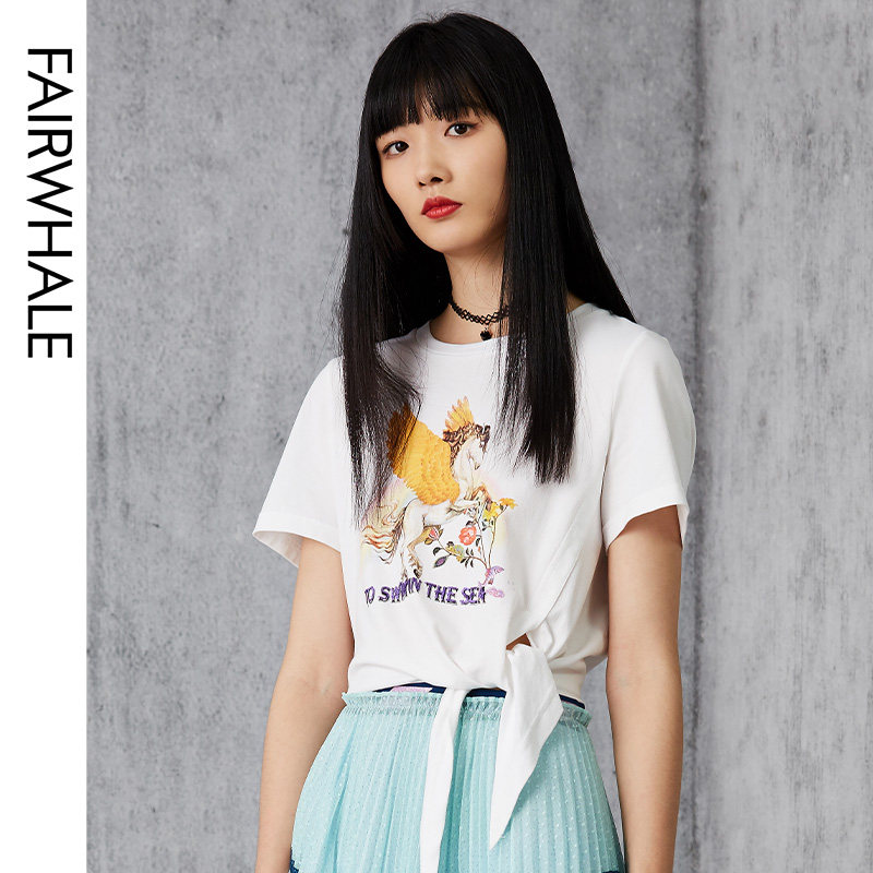 马克华菲女装2020夏新款蝴蝶结绑带T恤短款收腰白t飞马图案上衣