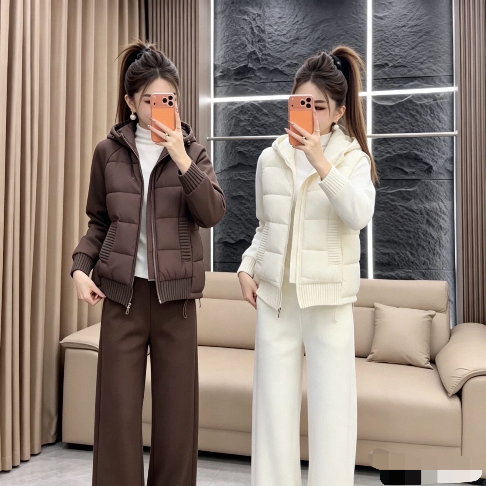 2026冬季新款韩版时尚休闲运动套装女宽松连帽棉服阔腿裤两件套潮