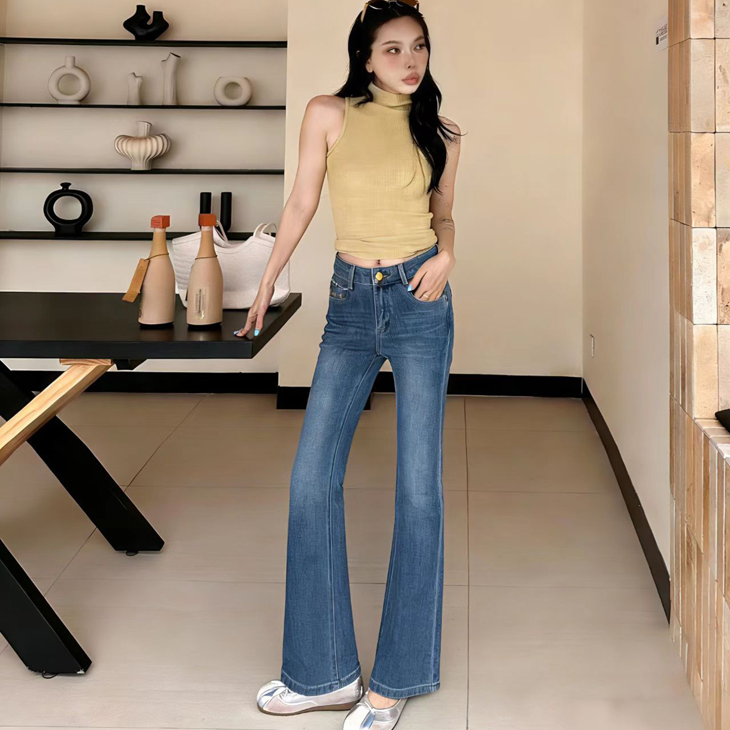 2026春夏新款显瘦修身高腰微喇牛仔裤四面弹时尚牛仔女长裤99210