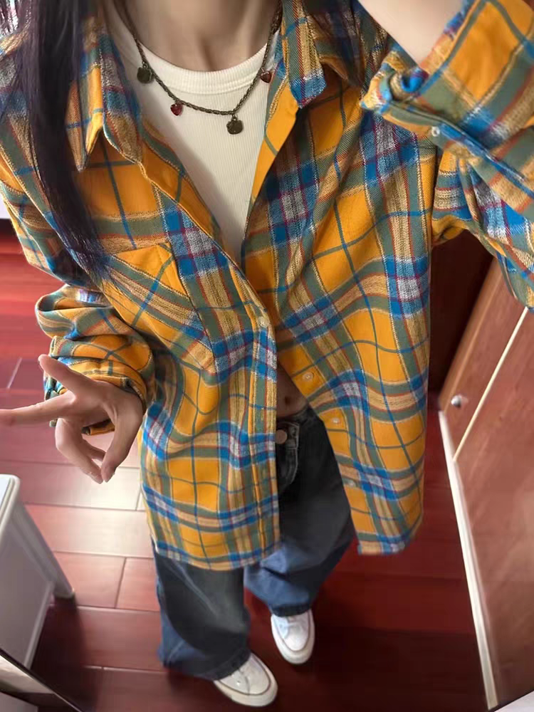 港风chic蓝黄色格子衬衫外套女学生春秋新款韩版高级宽松开衫衬衣