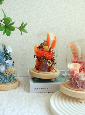 永生花玻璃罩diy材料包发光干花装饰摆件礼盒永生花玻璃罩展示盒