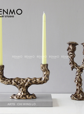 本墨 复古铝铸造弧形侘寂风格烛台摆件售楼处样板间民宿装饰品