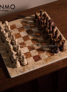 本墨 中古风玉石格子象棋摆件 样板房客厅茶几书房桌面软装布置