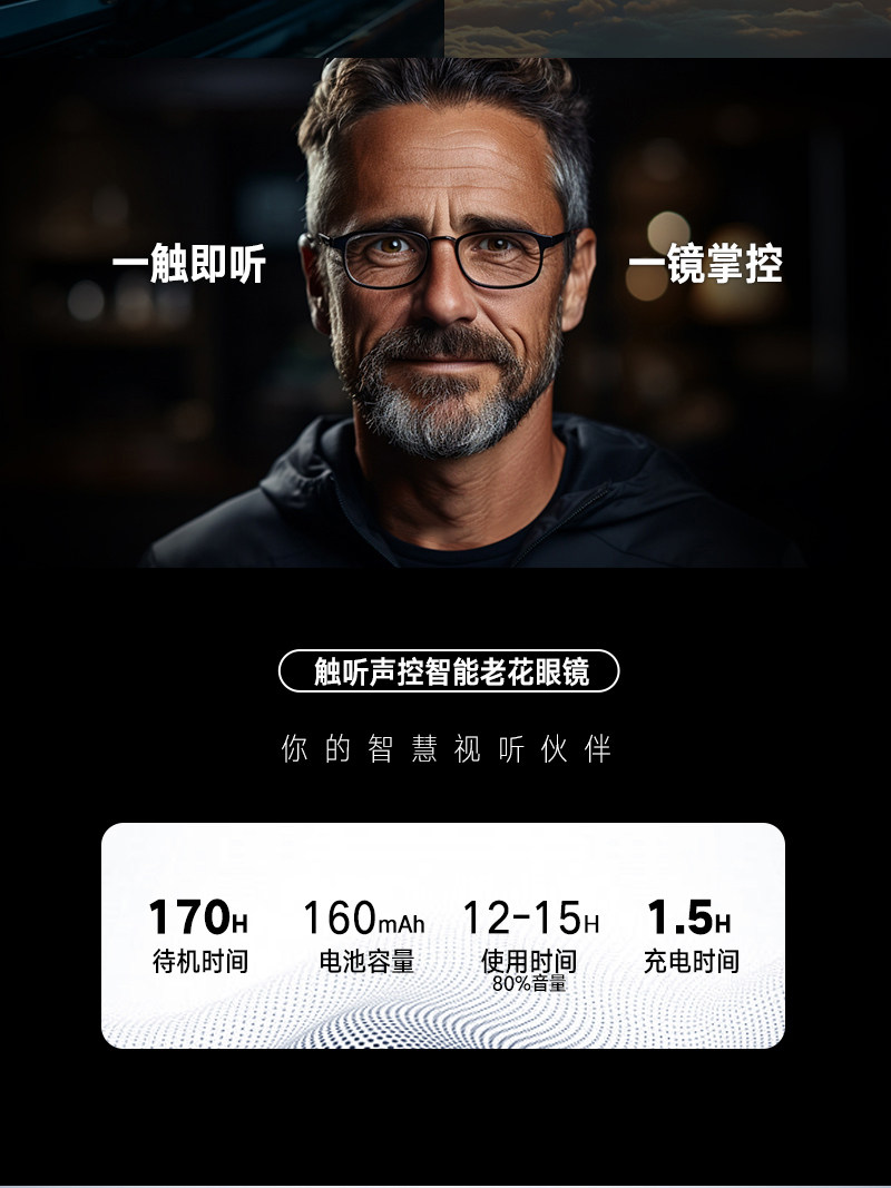 智能声控防蓝光超轻黑框老花镜