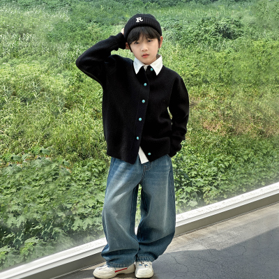 高级仿翡翠扣针织毛衣开衫男童