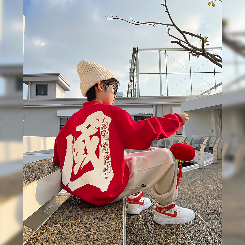 国潮风男童红色加绒卫衣班服