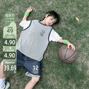 2024新款 男孩夏季 男童夏装 熊猫圆圆儿童速干运动套装 假两件篮球服